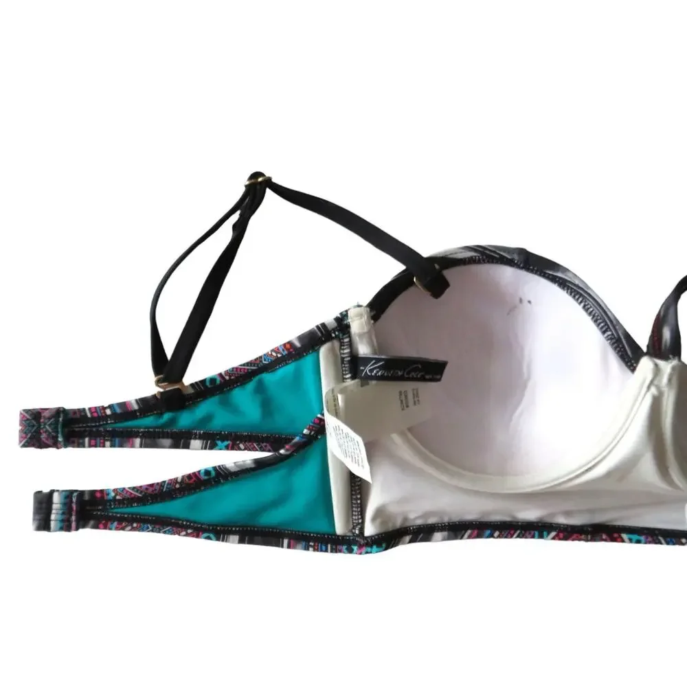 Kenneth Cole Bikini Top Bathing Suit Adj Straps Colorful Beach Summer Sz Small 4